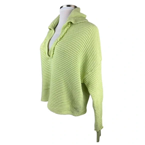 Free People Marlie Slouchy Oversized Sweater Ribbed V-Neck Lime Green Size Large - Picture 11 of 16
